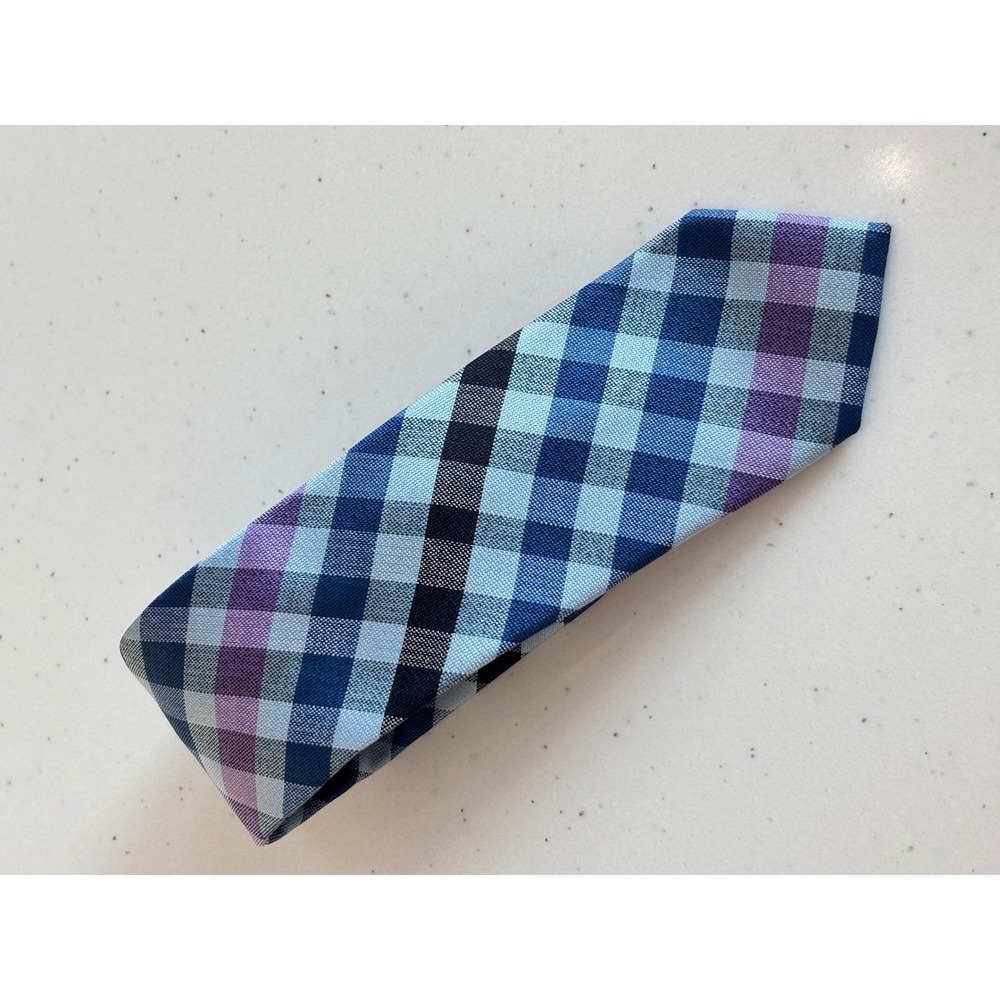 Haggar Mens Necktie Blue Purple Grey Gingham Check Plaid Woven Polyester Tie 3in